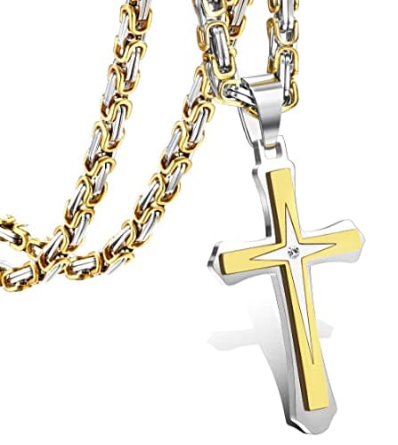 Lolestik Black Gold Cross Necklace for Men, Byzantine Chain, 22-30 Inch