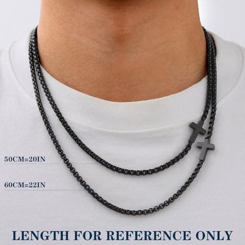 FLHEART Stainless Steel Mens Cross Necklace, Silver/Black Box Chain, 20"/22"