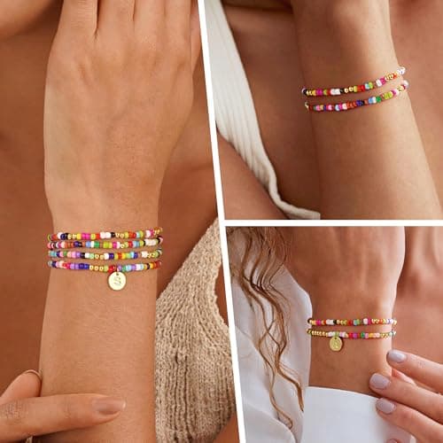 Turandoss Colorful Beaded Initial Bracelets for Girls & Women - Bohemian Stackable Jewelry
