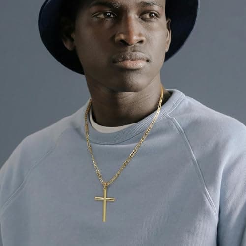 NICRET Gold Cross Necklace - Faithful Figaro Chain for Men