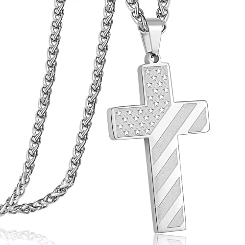DuoDiner Graduation Gifts: 24-Inch Cross Necklace for Men, Boys, Kids Bible Verse American Flag Pendant