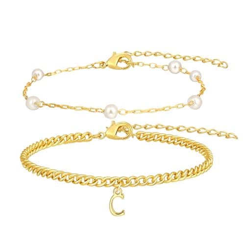 Bellino Gold Layered Pearl Braces for Women Tiny Links Jewelry