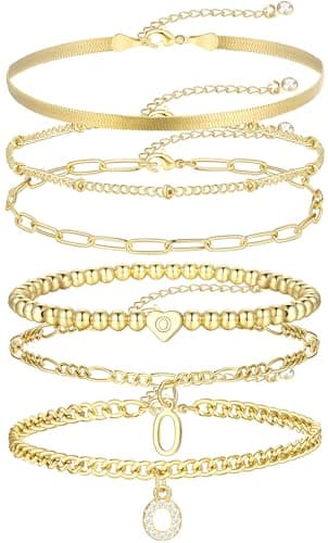 14K Gold Plated Initial Bracelet Set, Dainty & Stackable for Women
