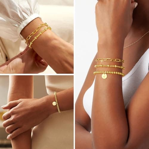 Wowshow 14K Gold Plated Strand Beaded Initial Bracelet Set for Women