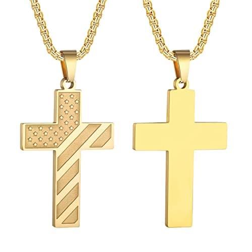 HattiDoris American Flag Cross Necklace for Men Stainless Steel Chain Inspirational Jewelry