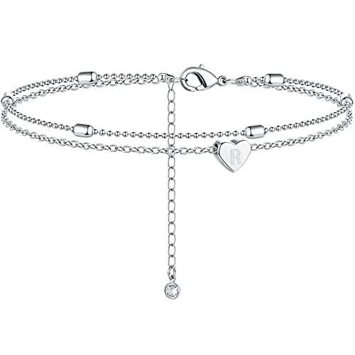 Moodear Silver Anklets for Women - Waterproof Layered Heart Charm Anklet