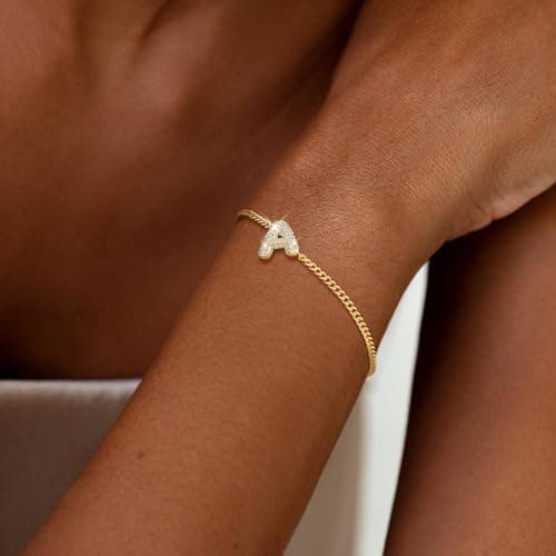 Women's 14K Gold Adjustable Bracelet with Cubic Zirconia Initial Letter