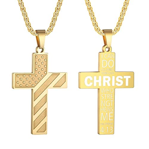 HattiDoris American Flag Cross Necklace for Men Stainless Steel Chain Inspirational Jewelry