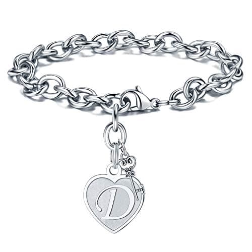 Stainless Steel Engraved Heart Initial Bracelet - Birthday Christmas Gift for Women & Teen Girls
