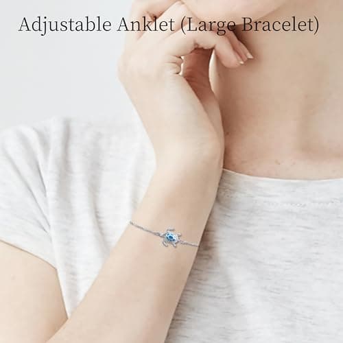 PUPILLEMON Blue Opal Sea Turtle Anklet, Women's Sterling Silver Jewelry (Large Size)