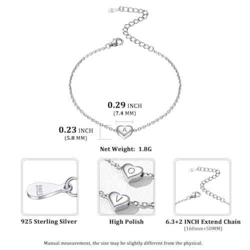 Chic Personalized 925 Sterling Silver Heart Initial Bracelet for Women(with Gift Box)