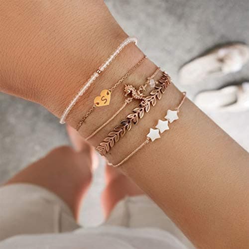 MOMOL Heart Initial 18K Gold Plated Charm Bracelet for Women