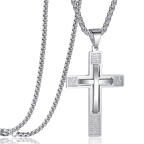 Stainless Steel Cross Pendant Necklaces with Proverbs 4:23 for Men or Women (24 Inch Chain)