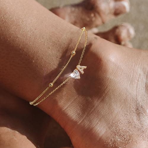Dainty 14K Gold Plated Initial Anklet for Women