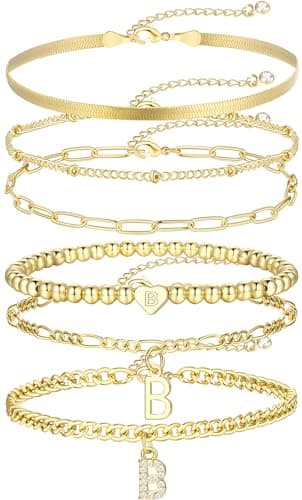 14K Gold Plated Initial Bracelet Set, Dainty & Stackable for Women