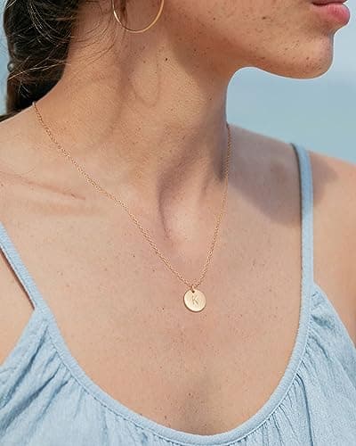 Befettly Bemoly Personalized 14K Gold Plated Letter K Coin Disc Necklace, Engraved Birthday jewelry, 17.5"