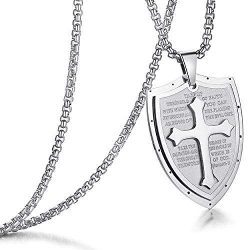 Stainless Steel Shield Armor of God Cross Pendant Necklace Black Silver 24" Chain