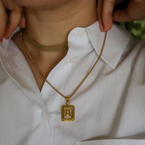JSJOY 2024 Gold Initial Necklaces A-Z for Women Men Square Monogram Pendant