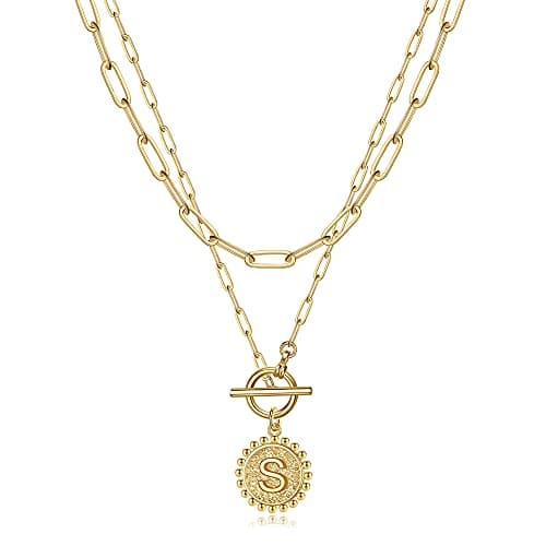 Turandoss Gold Plated Layered Necklace for Women Coin Initial Pendant