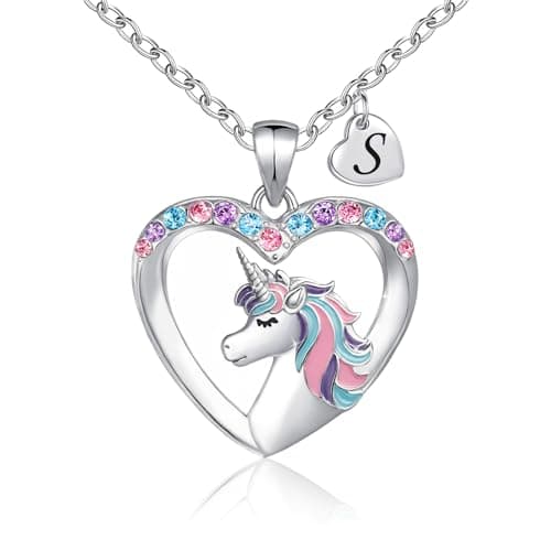 Silver Heart Unicorn Necklace with Initial CZ - Gift for Girls, Teen, andKids