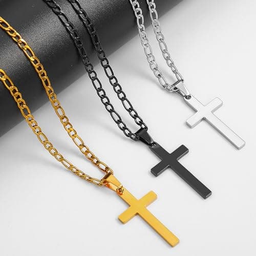 LUXEJEW Stainless Steel Figaro Chain Cross Pendant Necklace - Black, Silver, Gold