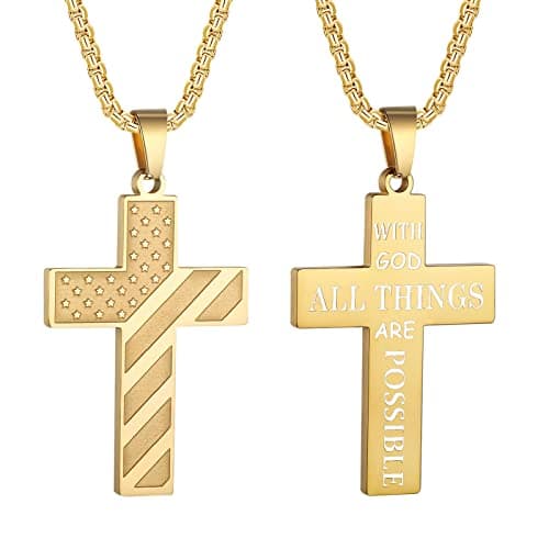 HattiDoris American Flag Cross Necklace for Men Stainless Steel Chain Inspirational Jewelry