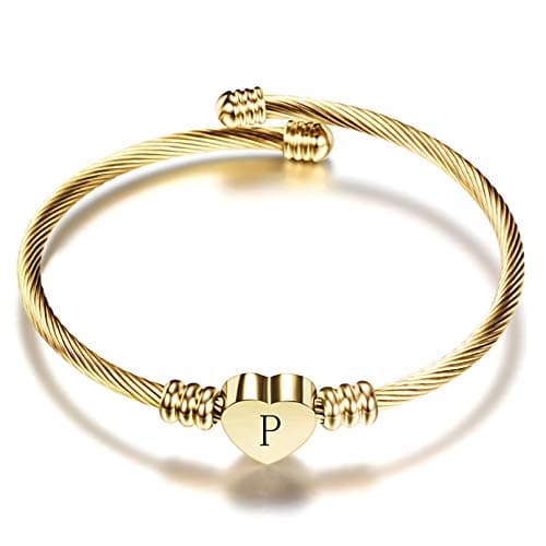 Women's Gold Plated Heart Initial C Bracelets Stainless Steel Birthday Jewelry
