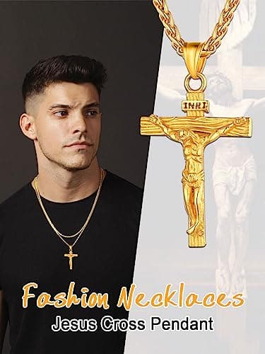 Antique U7 Men's Crucifix Necklace, 18K Gold Tone & Stainless Steel, 22" Chain, Gift Packed
