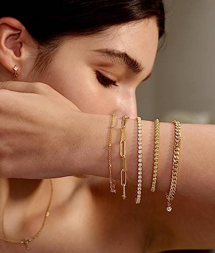 DEARMAY 14K Gold Women's Cute Tennis Beaded Link Dainty Bracelet