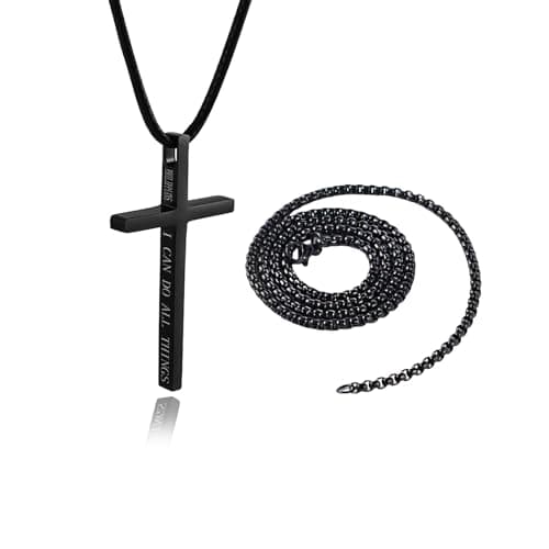 Men's Large Hactnion Leather Cross Necklace, 24-28" Black Rope, 316 Stainless Steel Cross, Bible Verse