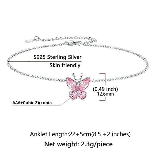 SILVERCUTE 925 Sterling Silver Butterfly Anklet for Women Waterproof Summer Beach Jewelry 22-27cm