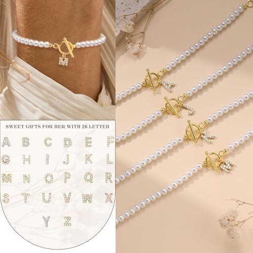 Btysun Initial Bracelets for Women, Pearl Gift for Mom, Best Friend Birthday Jewelry