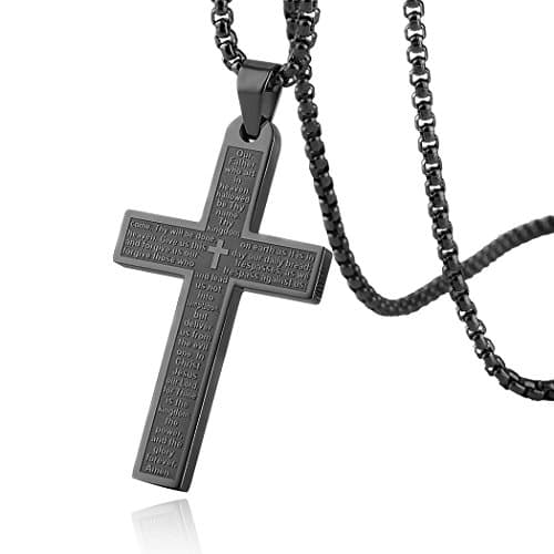 HZMAN Stainless Steel Cross Necklace with Lord's Prayer Pendant, 4 Colors