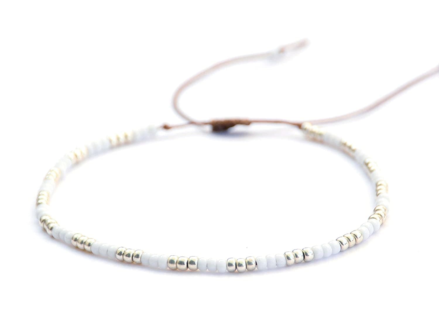 Tribes Plus Size White & Silver Boho Beaded Anklet, Large Adjustable, Handmade