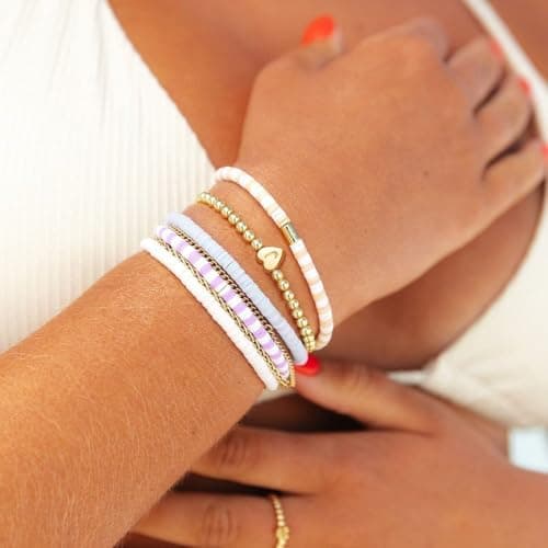 Thaivor Women's Dainty Heart Initial Charm Stretch Beaded Bracelet