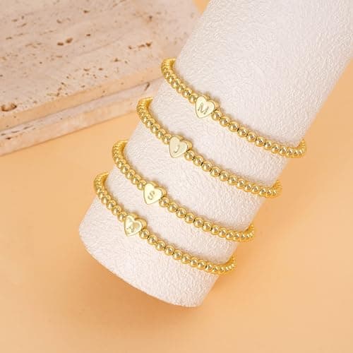 Thaivor Women's Dainty Heart Initial Charm Stretch Beaded Bracelet