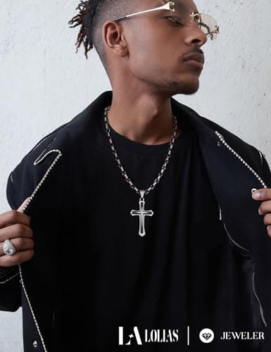 Lolestik Black Gold Cross Necklace for Men, Byzantine Chain, 22-30 Inch