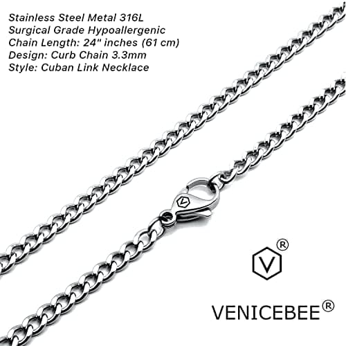 VENICEBEE Best Hypoallergenic 316L Surgical Steel Curb Chain Necklace, 24" Long, 3.3mm Wide