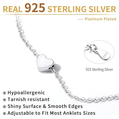 Chic Silver Personalized 925 Sterling Silver Tiny Heart Anklet for Women, Silver/Gold/Rose Gold (With Gift Box)