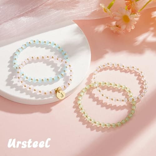 Personalized Initial Bracelet Set for Girls - Gold Beaded Charm Bracelets for Women - Gift for Friendship or Bridesmaids