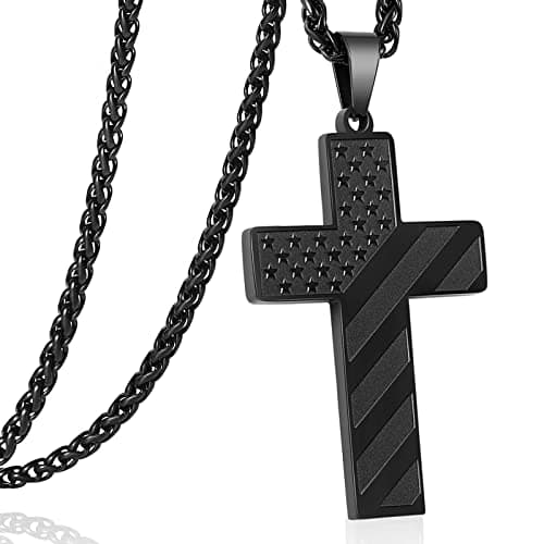 DuoDiner Graduation Gifts: 24-Inch Cross Necklace for Men, Boys, Kids Bible Verse American Flag Pendant