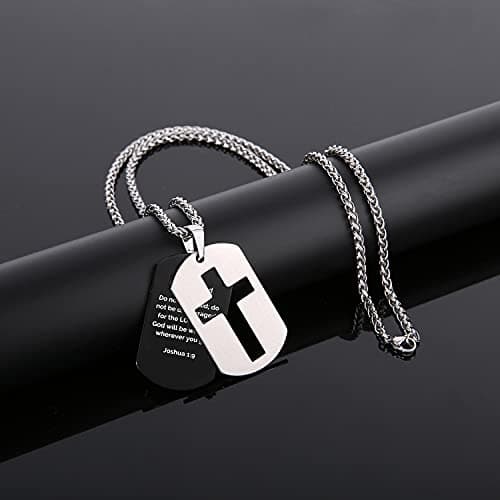 P. Blake Men's Stainless Steel Dog Tag Cross Necklace with Wheat Chain Valentine's Day Jewelry