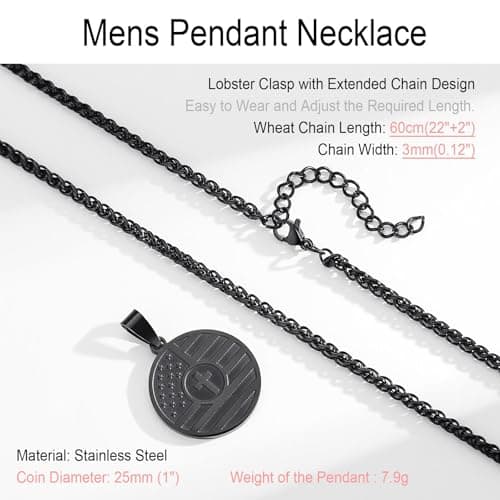 American Flag Cross Necklace for Men, Stainless Steel & Bible Verse, 24 Inches Wheat Chain