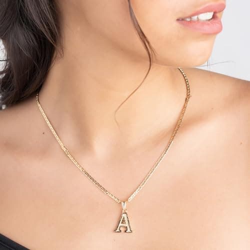 Barzel 18K Gold Plated Diamond Cut Initial Necklace, 18" Chain + 2" Ext, Made in Brazil