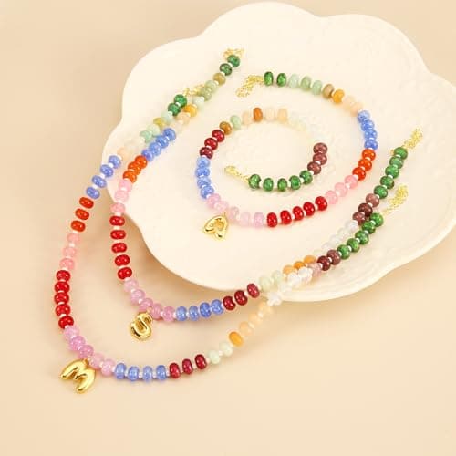Hoifu Boho Gold-Plated Beaded Necklace with A-Z Pendant, Trendy Women's Beach Gift