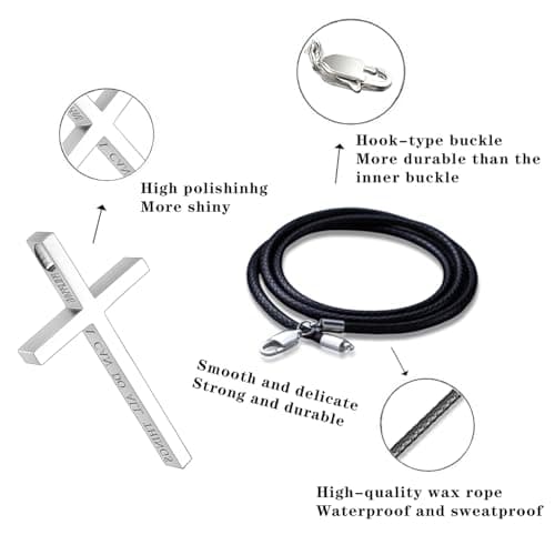 Men's Large Hactnion Leather Cross Necklace, 24-28" Black Rope, 316 Stainless Steel Cross, Bible Verse