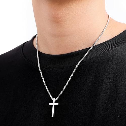 Fiusem Men's Silver/Gold/Black Cross Necklace, 2.5mm Chain, Stainless Steel Pendant, 16-24 Inch