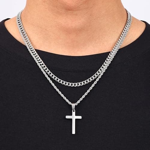 Fiusem 2 Pcs Layered Men's & Women's Cross Necklaces, Stainless Steel Pendant Chain 16-26 Inch