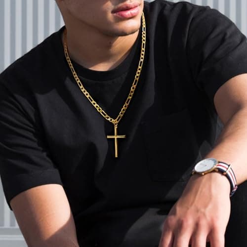 Verniflloga Men's 14k Gold Large Cross Figaro Chain Necklace 20-24 Inch