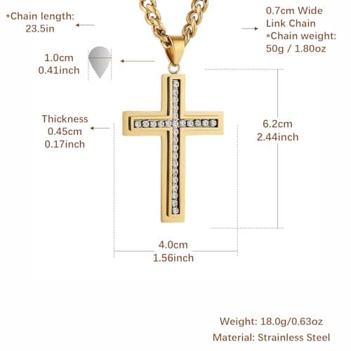 HZMAN Men's Stainless Steel Cross Necklace with CZ Inlay 7mm Cuban Chain 24 inches